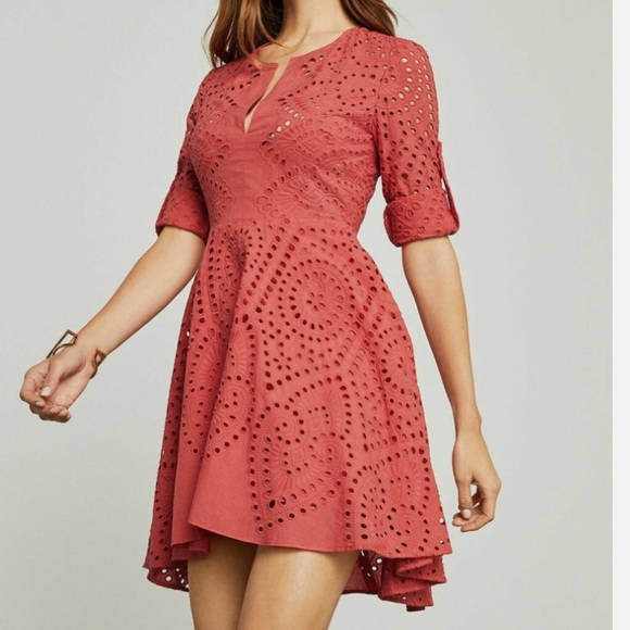 BCBGMaxAzria Eyelet Embroidery Cotton Dress M Rococo Red.  Fit and Flare - Picture 2 of 12